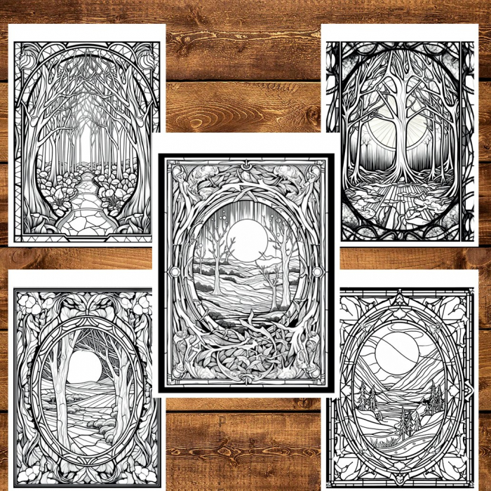 Carte de colorat pentru relaxare si antistres, 50 de ilustratii, Vitralii cu natura, 106 pagini [5]