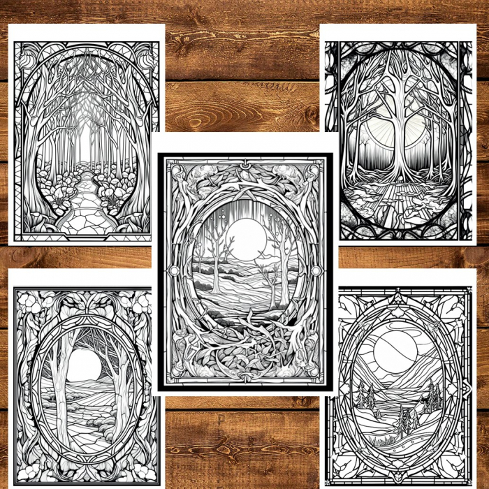 Carte de colorat pentru relaxare si antistres, 50 de ilustratii, Vitralii cu natura, 106 pagini [5]