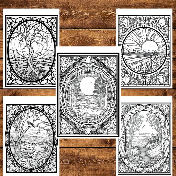 Carte de colorat pentru relaxare si antistres, 50 de ilustratii, Vitralii cu natura, 106 pagini [6]