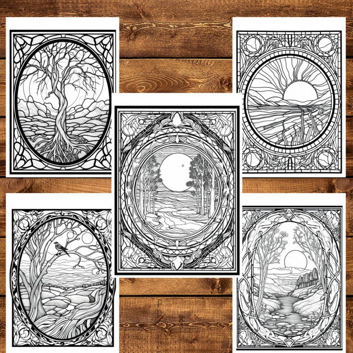Carte de colorat pentru relaxare si antistres, 50 de ilustratii, Vitralii cu natura, 106 pagini [6]