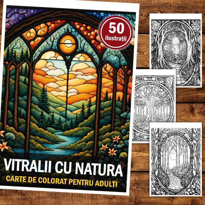 Carte de colorat pentru relaxare si antistres, 50 de ilustratii, Vitralii cu natura, 106 pagini [2]