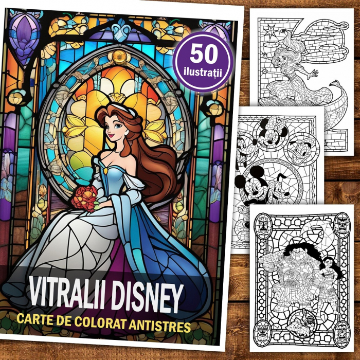 Carte de colorat pentru relaxare si antistres, 50 de ilustratii, Vitralii Disney, 106 pagini [2]
