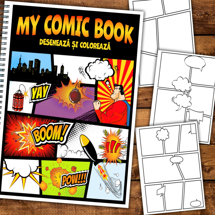 Carte de desenat stil comic book, 50 de pagini diferite, Coloreaza-ti propriul Comic Book, 100 pagini [1]