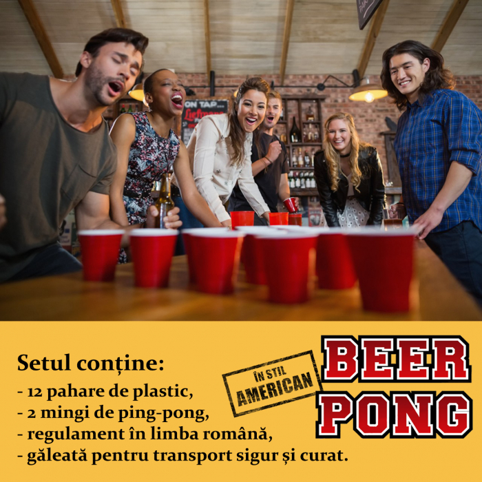 Joc de baut Beer Pong in stil American, pentru petreceri, 12 pahare cu 2 mingi si regulament [4]