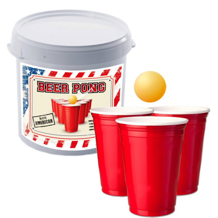 Joc de baut Beer Pong in stil American, pentru petreceri, 12 pahare cu 2 mingi si regulament [1]