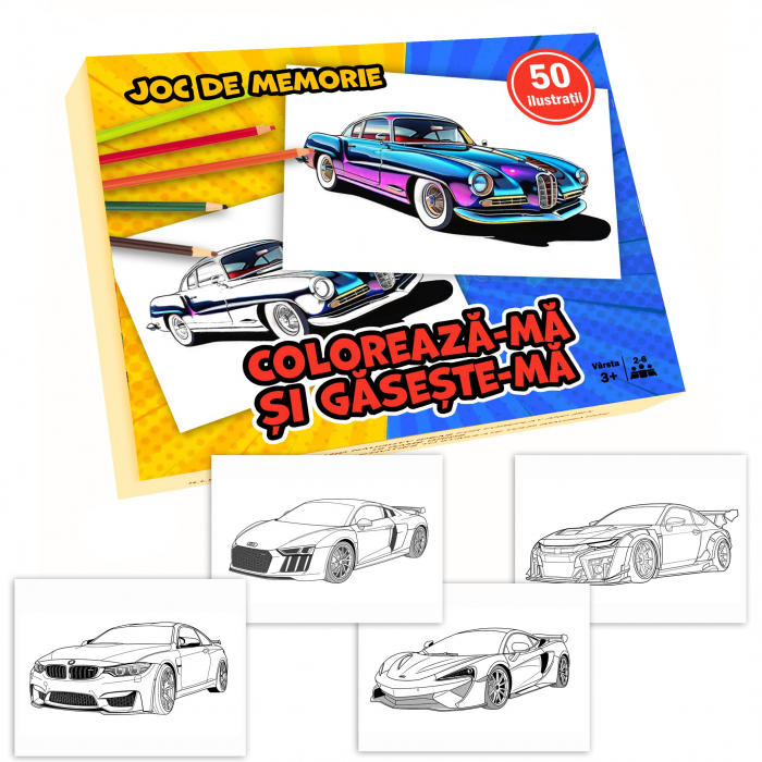 Joc pentru copii 2 in 1 de memorie si desen, Coloreaza-ma si gaseste-ma - Editia Masinute [1]