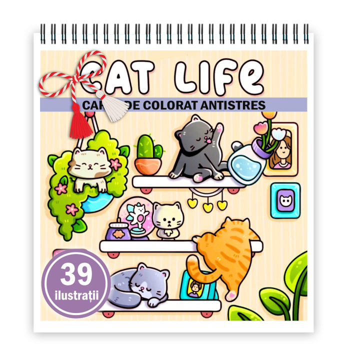 Martisor de colorat, 39 de ilustratii format A5, carte de colorat cu spira metalica, model: Cat Life [1]