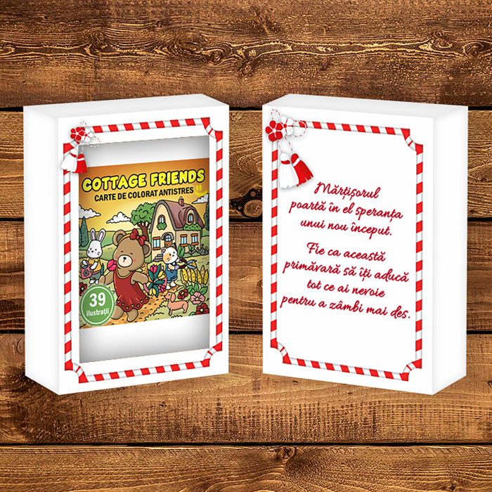 Martisor de colorat, 39 de ilustratii format A6 in cutie cu tematica de primavara, model: Cottage Friends [2]
