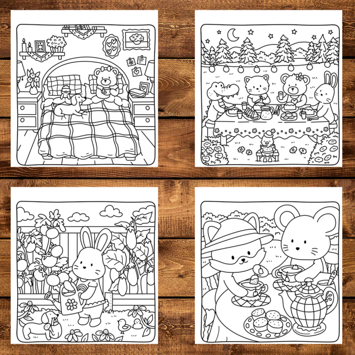 Martisor de colorat, 39 de ilustratii format A6 in cutie cu tematica de primavara, model: Cottage Friends [4]