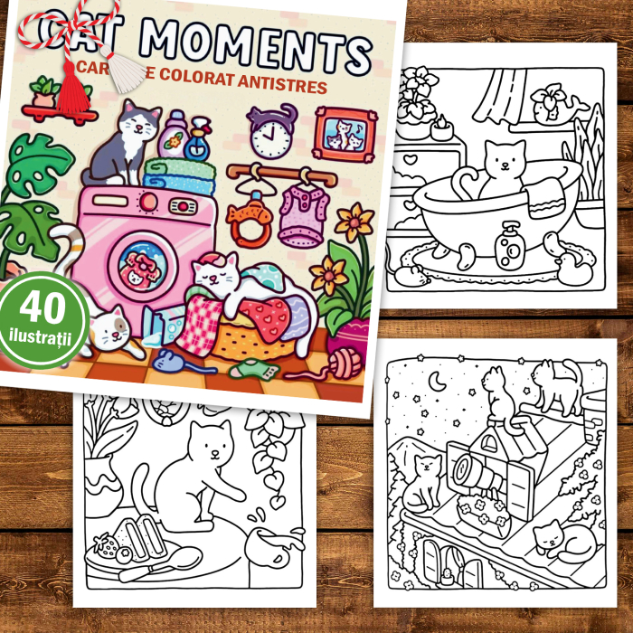 Martisor de colorat, 40 de ilustratii format A5, carte de colorat cu spira metalica, model: Cat Moments [2]