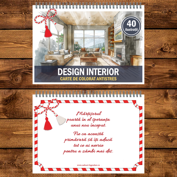 Martisor de colorat, 40 de ilustratii format A5, carte de colorat cu spira metalica, model: Design Interior [3]