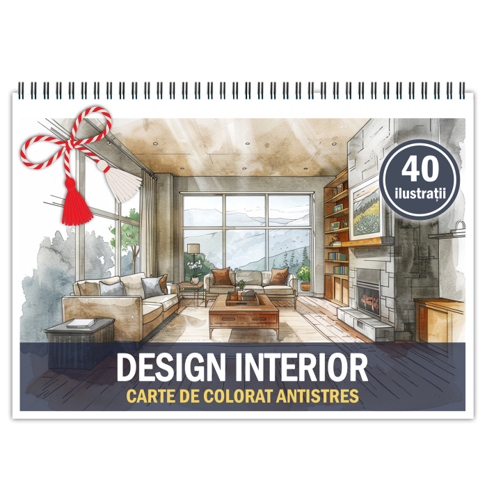 Martisor de colorat, 40 de ilustratii format A5, carte de colorat cu spira metalica, model: Design Interior [1]