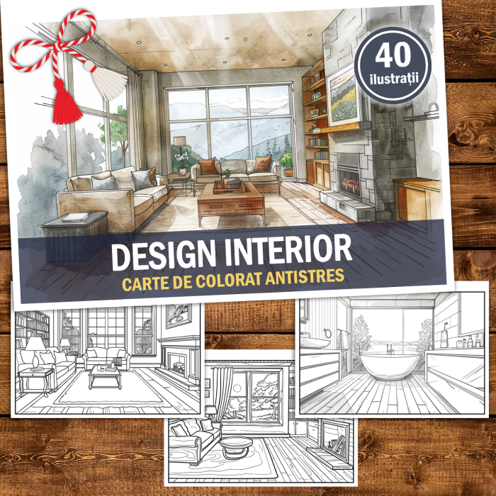 Martisor de colorat, 40 de ilustratii format A5, carte de colorat cu spira metalica, model: Design Interior [2]