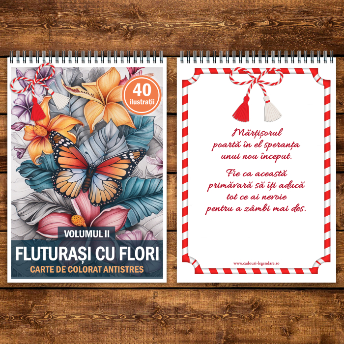 Martisor de colorat, 40 de ilustratii format A5, carte de colorat cu spira metalica, model: Fluturasi cu Flori [3]