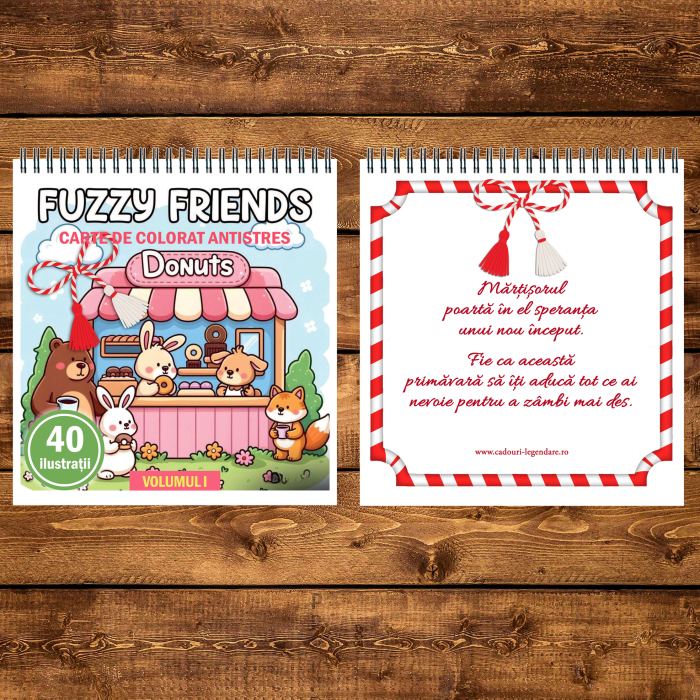 Martisor de colorat, 40 de ilustratii format A5, carte de colorat cu spira metalica, model: Fuzzy Friends [3]