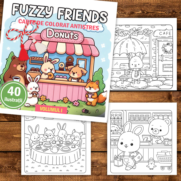 Martisor de colorat, 40 de ilustratii format A5, carte de colorat cu spira metalica, model: Fuzzy Friends [2]