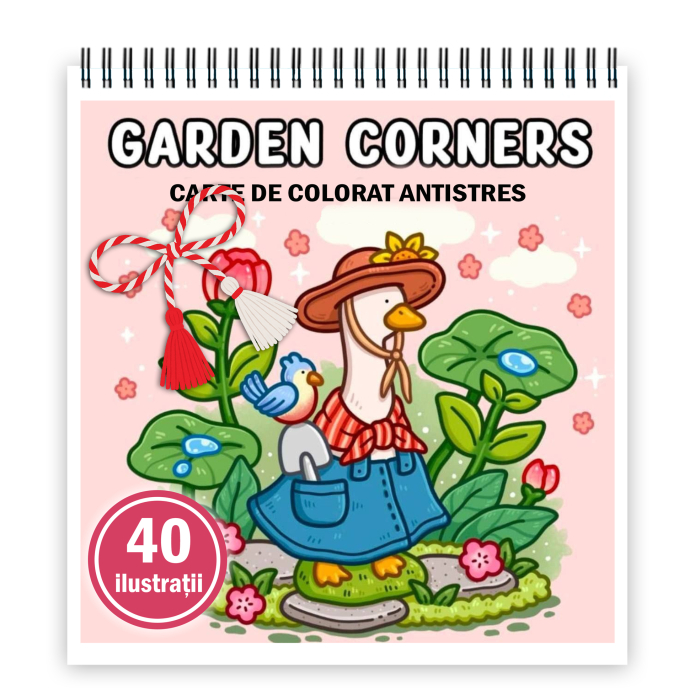 Martisor de colorat, 40 de ilustratii format A5, carte de colorat cu spira metalica, model: Garden Corners [1]