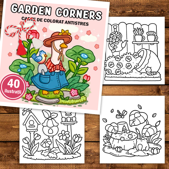 Martisor de colorat, 40 de ilustratii format A5, carte de colorat cu spira metalica, model: Garden Corners [2]