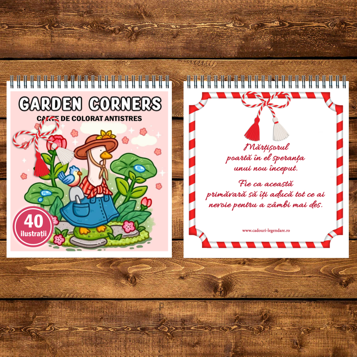 Martisor de colorat, 40 de ilustratii format A5, carte de colorat cu spira metalica, model: Garden Corners [3]