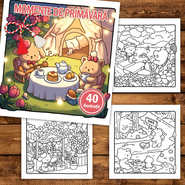 Martisor de colorat, 40 de ilustratii format A5, carte de colorat cu spira metalica, model: Momente de Primavara [2]