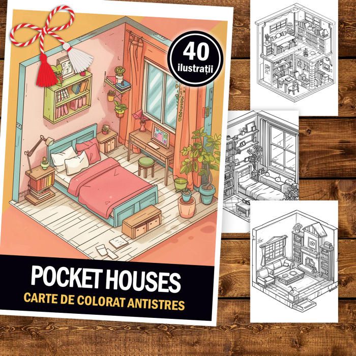 Martisor de colorat, 40 de ilustratii format A5, carte de colorat cu spira metalica, model: Pocket Houses [2]