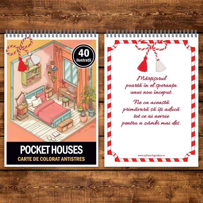 Martisor de colorat, 40 de ilustratii format A5, carte de colorat cu spira metalica, model: Pocket Houses [3]