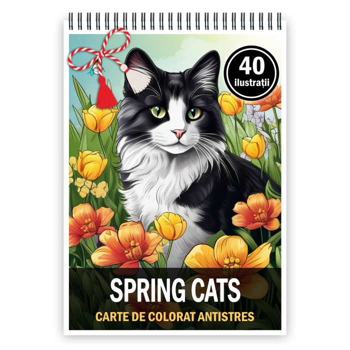 Martisor de colorat, 40 de ilustratii format A5, carte de colorat cu spira metalica, model: Spring Cats [1]