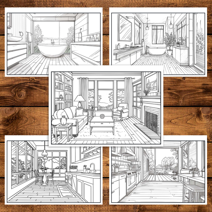 Martisor de colorat, 40 de ilustratii format A6 in cutie cu tematica de primavara, model: Design Interior [5]