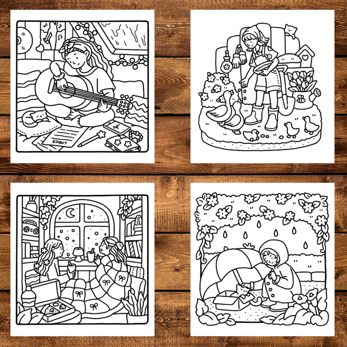 Martisor de colorat, 40 de ilustratii format A6 in cutie cu tematica de primavara, model: Girl Moments [4]