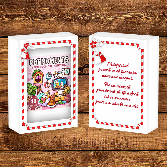 Martisor de colorat, 40 de ilustratii format A6 in cutie cu tematica de primavara, model: Pet Moments [2]