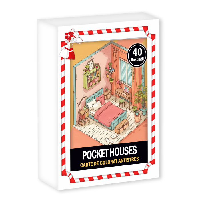 Martisor de colorat, 40 de ilustratii format A6 in cutie cu tematica de primavara, model: Pocket Houses [1]