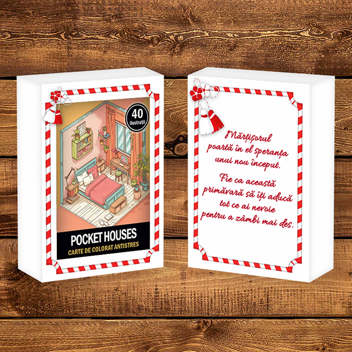 Martisor de colorat, 40 de ilustratii format A6 in cutie cu tematica de primavara, model: Pocket Houses [2]
