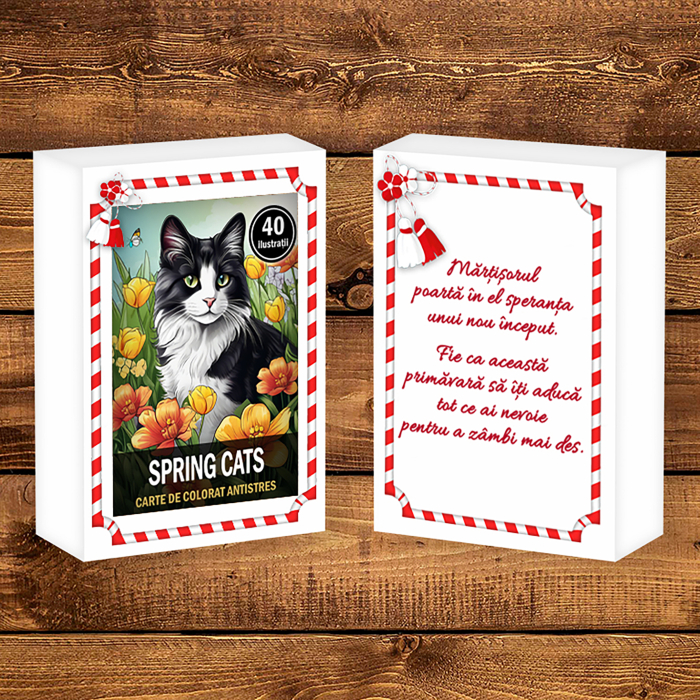 Martisor de colorat, 40 de ilustratii format A6 in cutie cu tematica de primavara, model: Spring Cats [2]