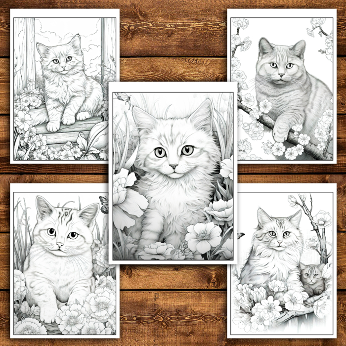 Martisor de colorat, 40 de ilustratii format A6 in cutie cu tematica de primavara, model: Spring Cats [5]