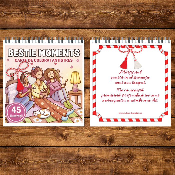 Martisor de colorat, 45 de ilustratii format A5, carte de colorat cu spira metalica, model: Bestie Moments [3]