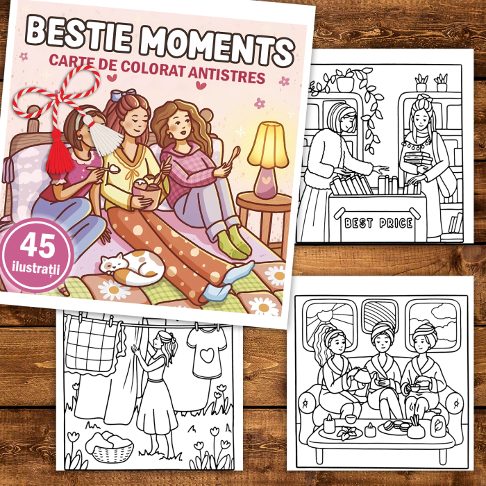 Martisor de colorat, 45 de ilustratii format A5, carte de colorat cu spira metalica, model: Bestie Moments [2]