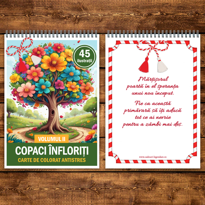 Martisor de colorat, 45 de ilustratii format A5, carte de colorat cu spira metalica, model: Copaci Infloriti [3]