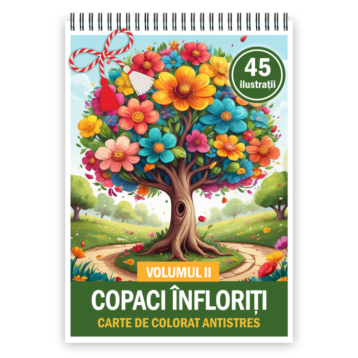 Martisor de colorat, 45 de ilustratii format A5, carte de colorat cu spira metalica, model: Copaci Infloriti [1]