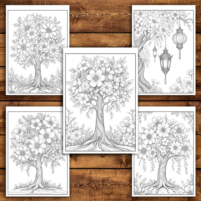 Martisor de colorat, 45 de ilustratii format A5, carte de colorat cu spira metalica, model: Copaci Infloriti [5]