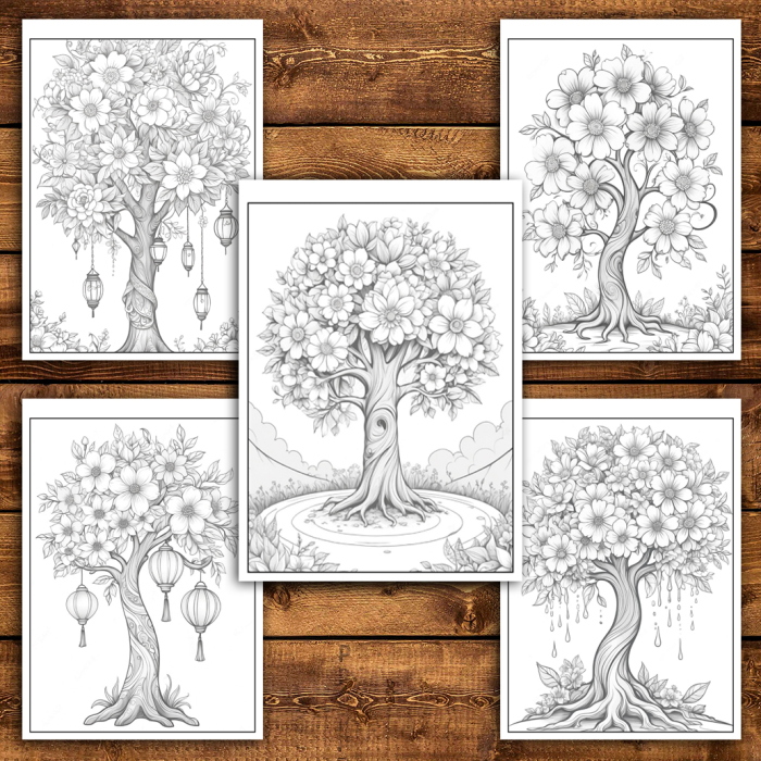 Martisor de colorat, 45 de ilustratii format A5, carte de colorat cu spira metalica, model: Copaci Infloriti [4]