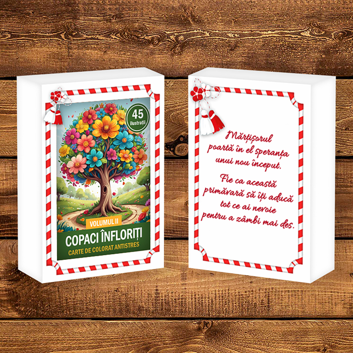 Martisor de colorat, 45 de ilustratii format A6 in cutie cu tematica de primavara, model: Copaci Infloriti [2]