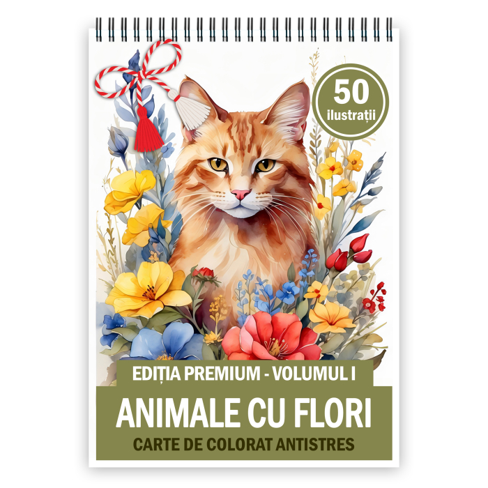 Martisor de colorat, 50 de ilustratii format A5, carte de colorat cu spira metalica, model: Animale cu Flori [1]