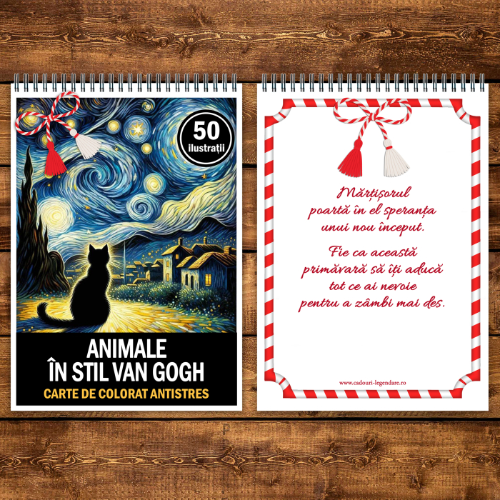 Martisor de colorat, 50 de ilustratii format A5, carte de colorat cu spira metalica, model: Animale in stil Van Gogh [3]