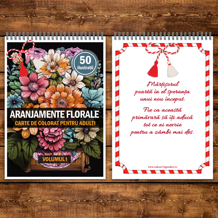 Martisor de colorat, 50 de ilustratii format A5, carte de colorat cu spira metalica, model: Aranjamente Florale [3]