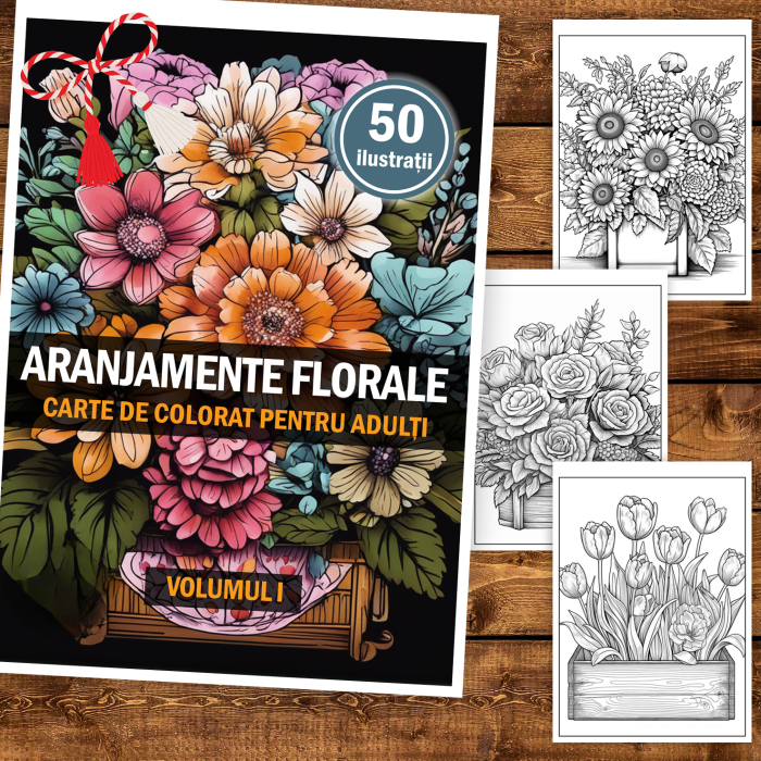 Martisor de colorat, 50 de ilustratii format A5, carte de colorat cu spira metalica, model: Aranjamente Florale [2]