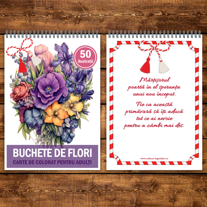 Martisor de colorat, 50 de ilustratii format A5, carte de colorat cu spira metalica, model: Buchete de Flori [3]