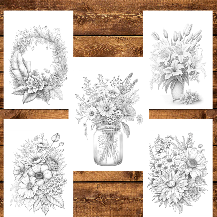 Martisor de colorat, 50 de ilustratii format A5, carte de colorat cu spira metalica, model: Buchete de Flori [5]