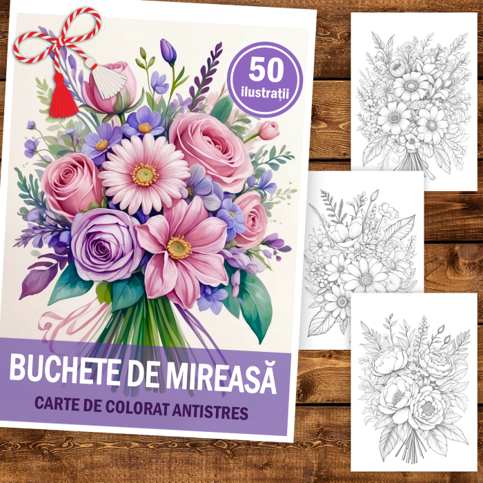 Martisor de colorat, 50 de ilustratii format A5, carte de colorat cu spira metalica, model: Buchete de Mireasa [2]