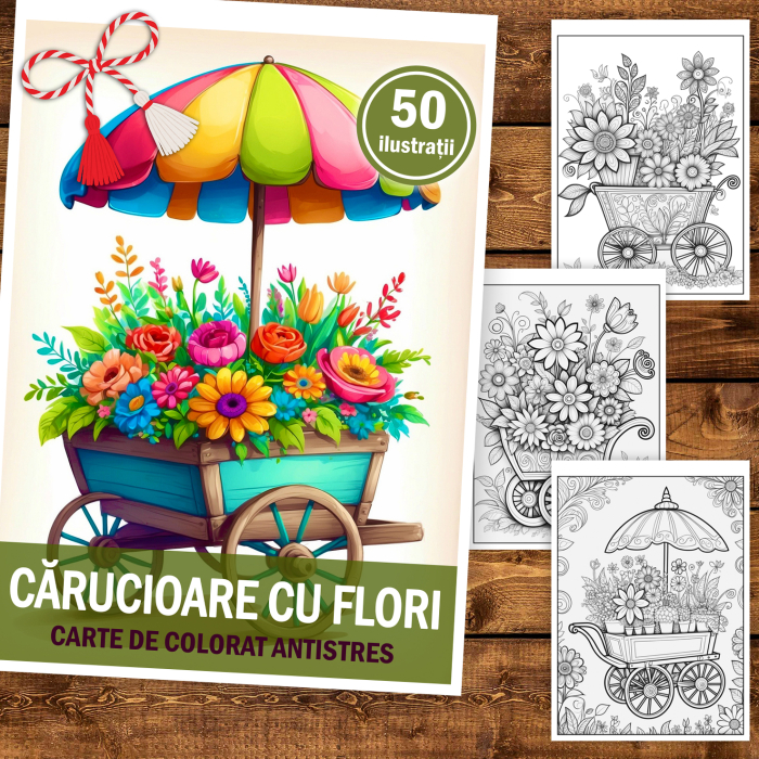 Martisor de colorat, 50 de ilustratii format A5, carte de colorat cu spira metalica, model: Carucioare cu Flori [2]