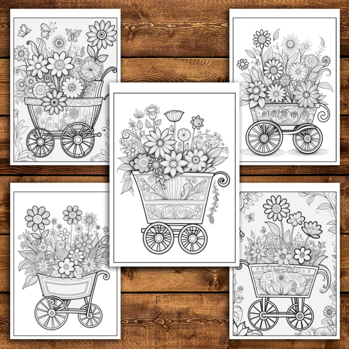 Martisor de colorat, 50 de ilustratii format A5, carte de colorat cu spira metalica, model: Carucioare cu Flori [4]